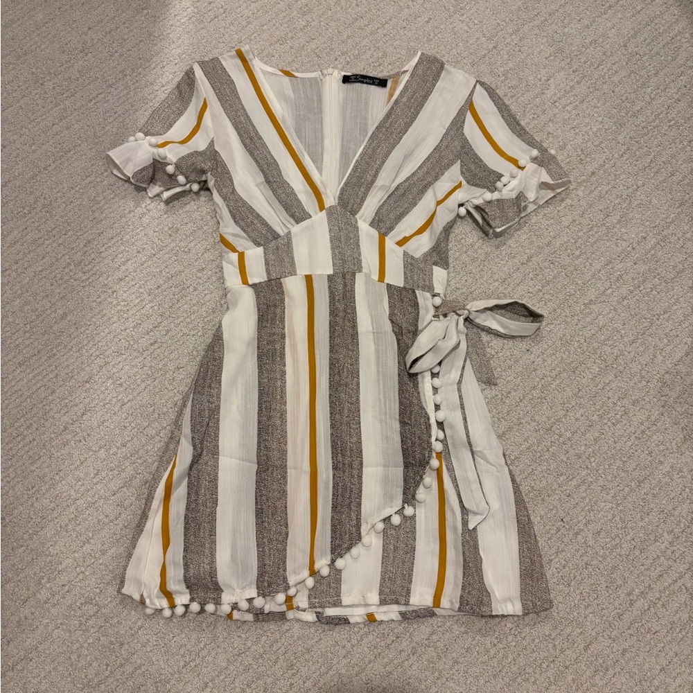 Simplee Striped Wrap-Style Mini Dress with Pom Trim